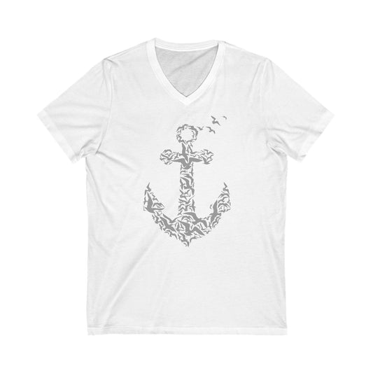 Nautical Anchor V-Neck Tee, Women's Sailor Shirt, Navy Blue Graphic Top, Beach Summer Fashion, Coastal Unisex Jersey Tshirt, Vintage Style